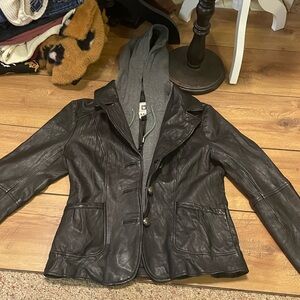 Blanc Noir Dark Brown Leather Jacket with Gray Hood